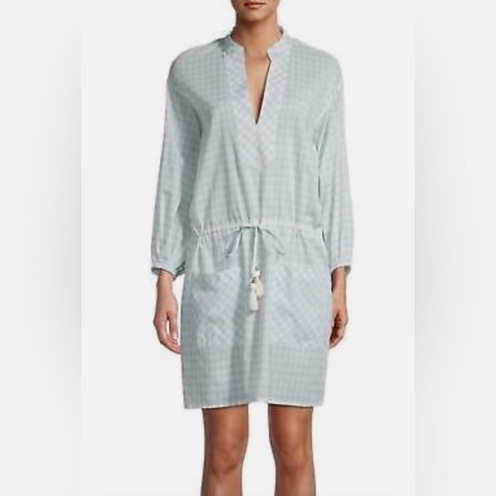 Tory Burch Light Blue & White Gingham Long Sleeve Drawstring Dress